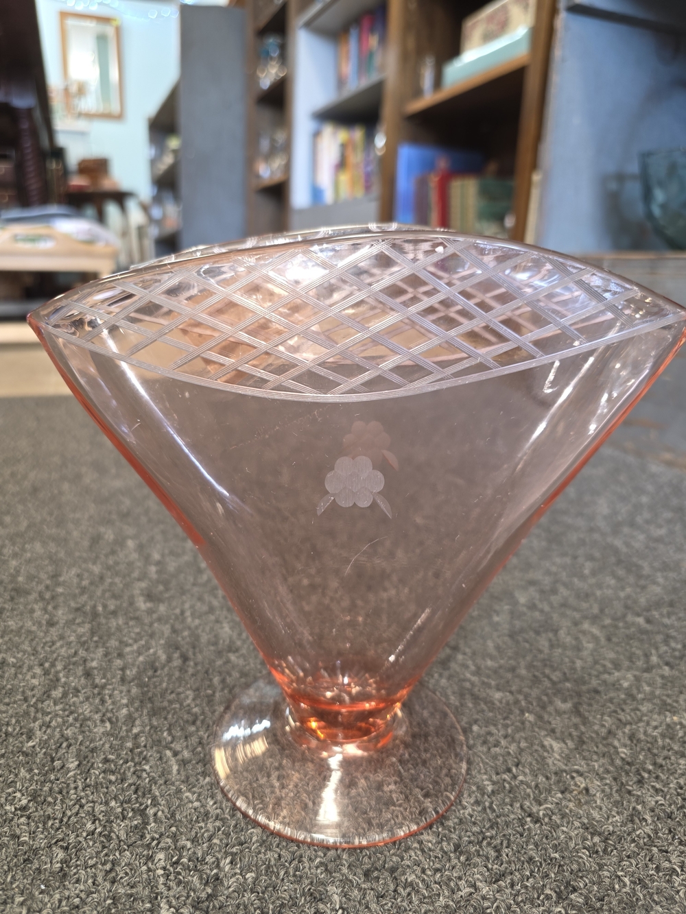 Vintage Pink Etched Glass Vase with Crosshatch Rim